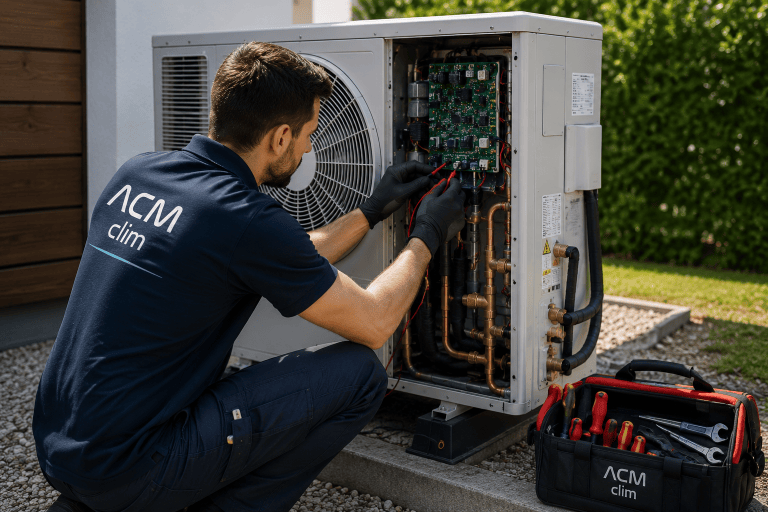 Technicien ACM Clim en intervention sur une pompe à chaleur